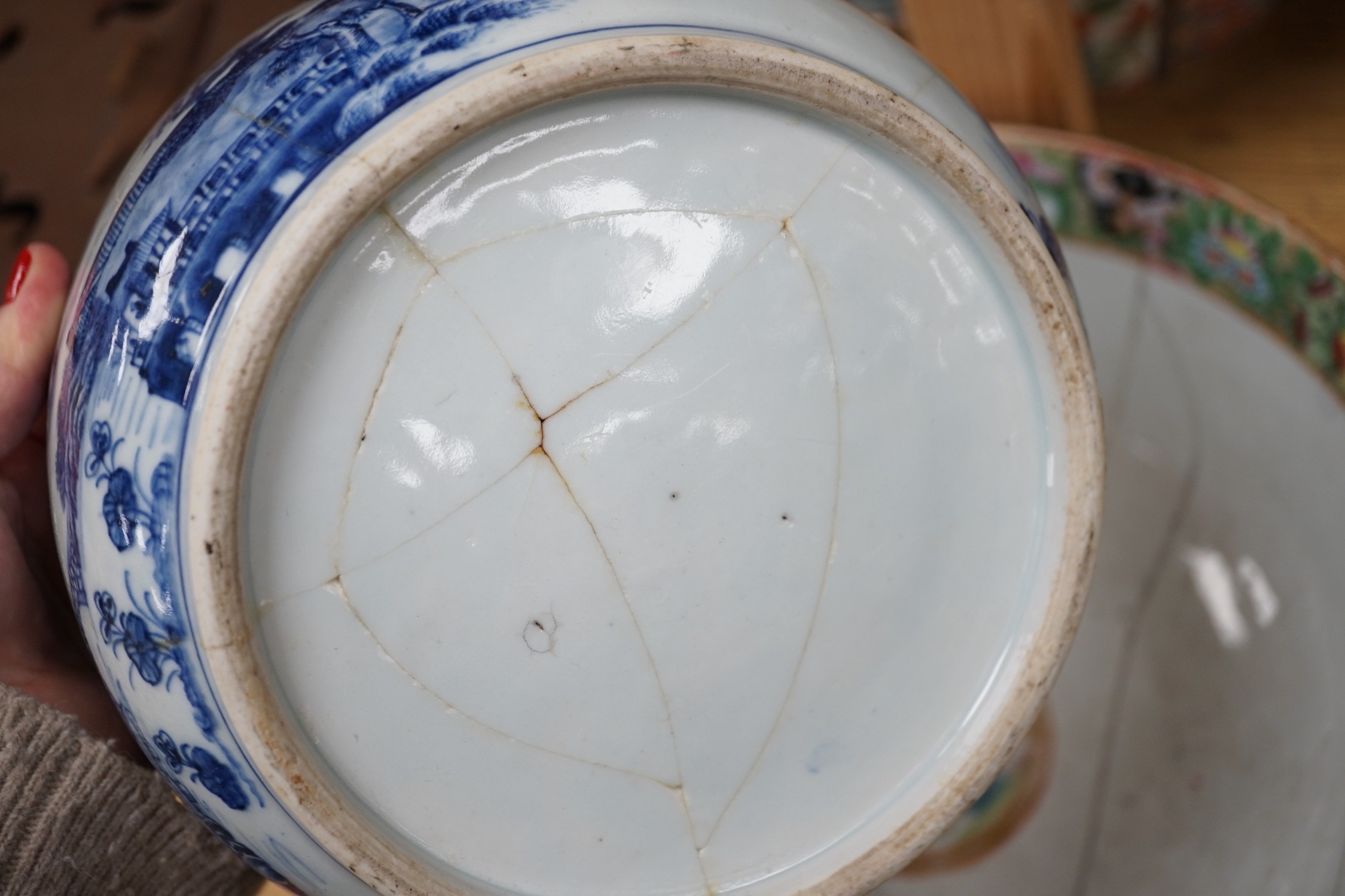 A 19th century Imari bowl, a famille rose bowl and one other- all damaged